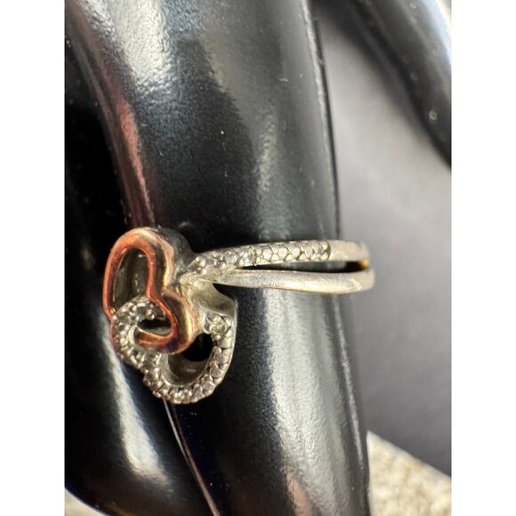 PJ Sterling Silver 925 10K Gold Accent Diamonds Double Open Heart Ring Sz 6.5 - Picture 4 of 13